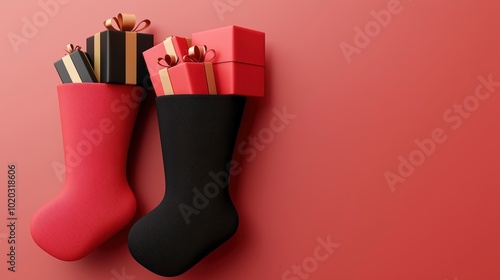 Two festive stockings filled with colorful gift boxes, beautifully arranged against a vibrant red background, perfect for holiday celebrations. photo