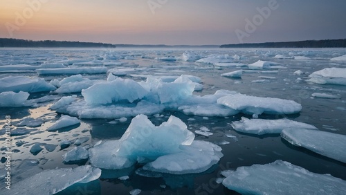 Ice on a frozen lake. Winter landscape. Icy surface of a lake