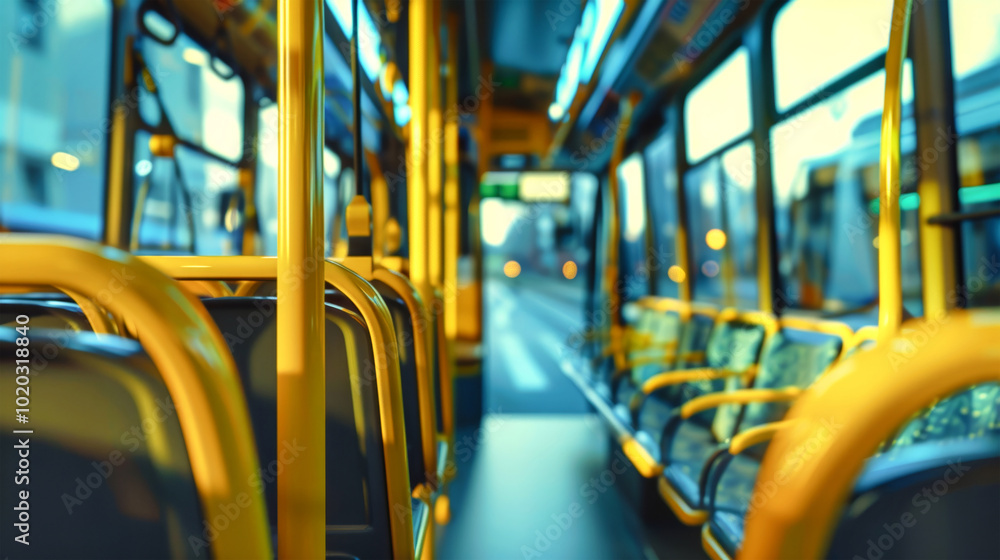 Fototapeta premium Interior of a bright yellow city bus showcasing empty seats on a sunny day along a bustling street, captured with a wide-angle lens for a realistic view