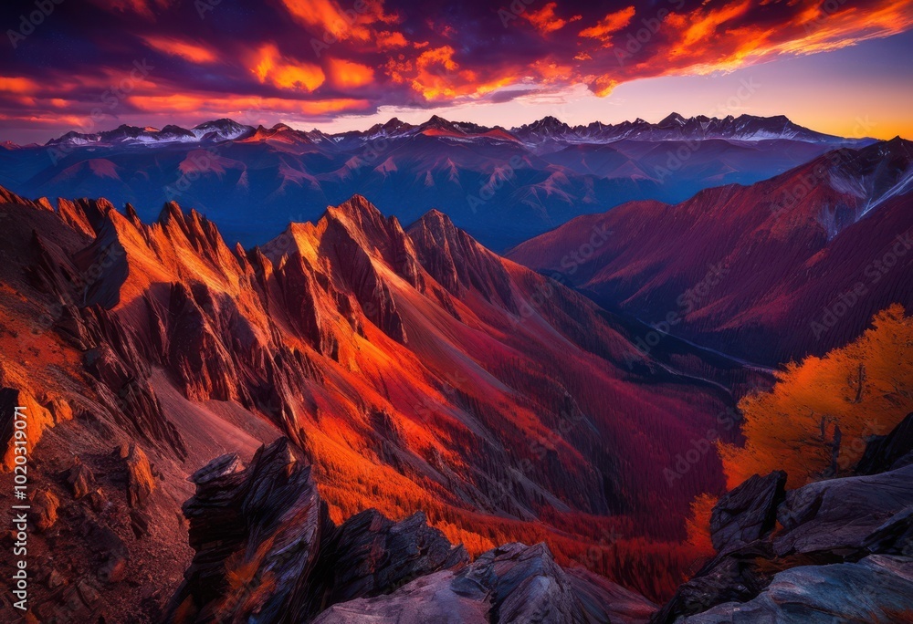 Fototapeta premium dynamic landscapes capturing majestic mountain peaks featuring vibrant colors dramatic skies, adventure, altitude, animals, backpacking, beauty, bloom