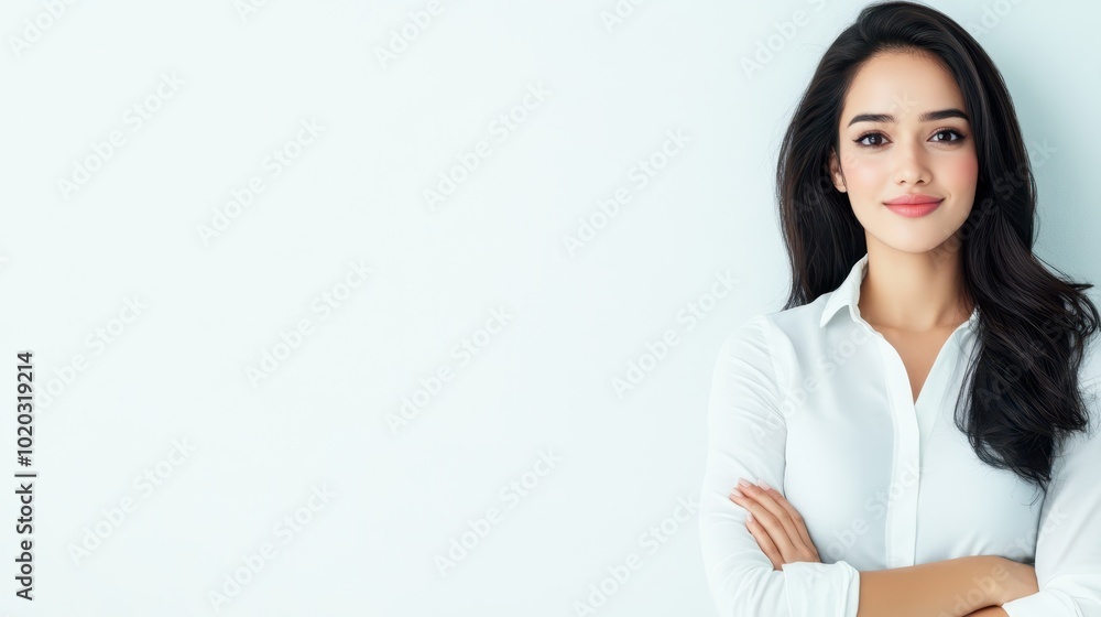 Portrait of a young woman confidently standing with folded arms, isolated on a white background, exuding professionalism and elegance. Portrait of a young woman confidently standing with folded arms, isolated on a white background, exuding professionalism and elegance.