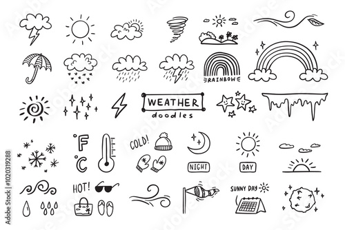 Weather Doodle sketch icons cartoon line hand drawn illustration for concept design. Kids cute style
