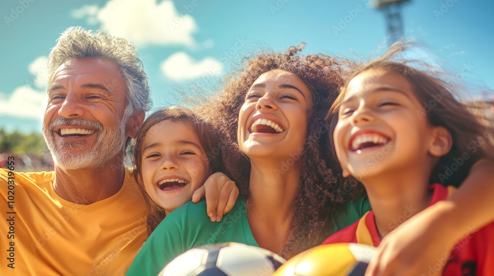 A joyful South American family celebrates together, sharing laughter and enthusiasm as they support their favorite soccer team at a vibrant match A joyful South American family celebrates together, sharing laughter and enthusiasm as they support their favorite soccer team at a vibrant match