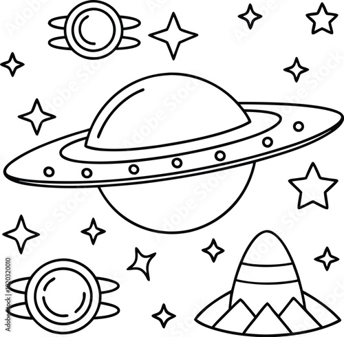 UFO is flying over a planet with rings. There are stars and other planets in the background