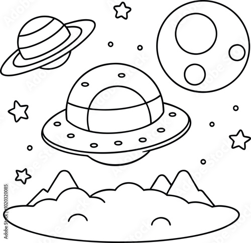 UFO is hovering over a planet with mountains. stars  moon and another planet in the background