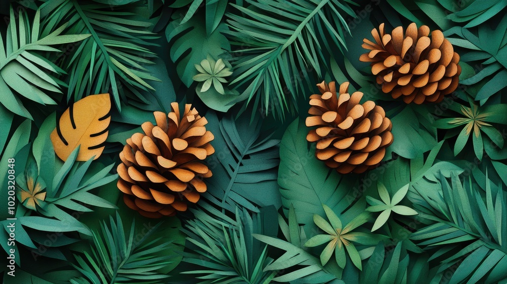 Pine cones resting among the lush green needles of evergreen branches Pine cones nestled in vibrant green evergreen foliage Pine cones resting among the lush green needles of evergreen branches Pine cones nestled in vibrant green evergreen foliage