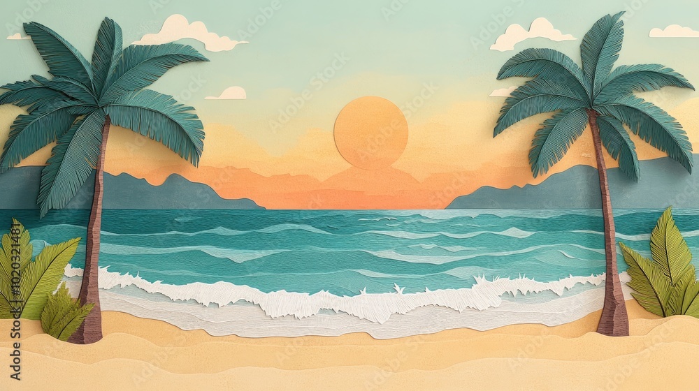 Obraz premium Palm trees along a sandy beach with calm waves in a serene coastal setting Tranquil beach scene with palm trees and gentle waves