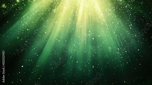 Radiant green light rays piercing through the darkness, tiny glowing particles scattering in its path on a dark green background