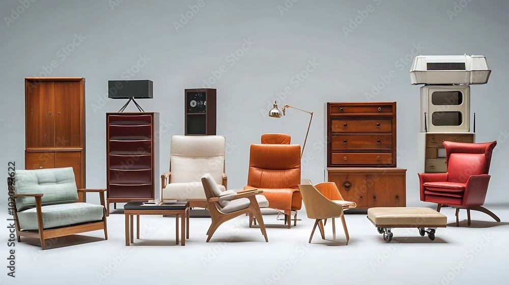 Fototapeta premium A collection of vintage mid-century modern furniture arranged in a white studio setting.