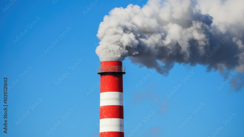 Red and white-striped smokestack releasing dense gray smoke, bright blue sky backdrop, environmental impact focus Red and white-striped smokestack releasing dense gray smoke, bright blue sky backdrop, environmental impact focus