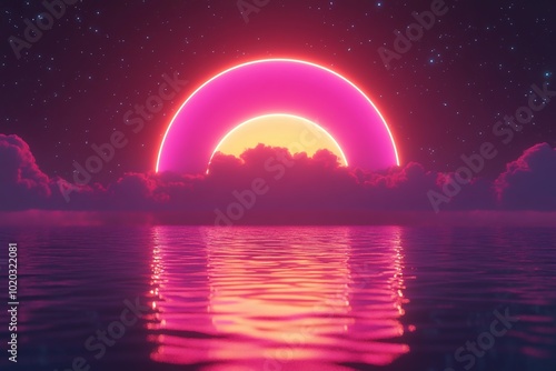 3D Horizon, Neon sunset with shimmering glow Background Wallpaper