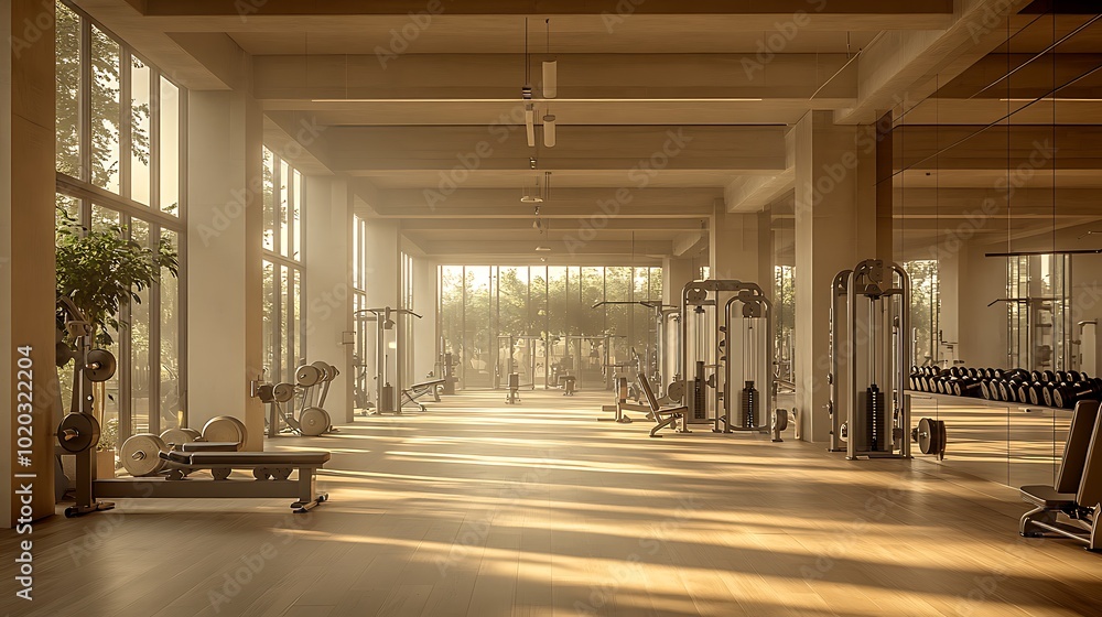 Bright and open gym with a harmonious balance between workout stations and open floor areas, soft sunlight filtering through large windows, polished surfaces, minimalist design, neutral tones, Bright and open gym with a harmonious balance between workout stations and open floor areas, soft sunlight filtering through large windows, polished surfaces, minimalist design, neutral tones,