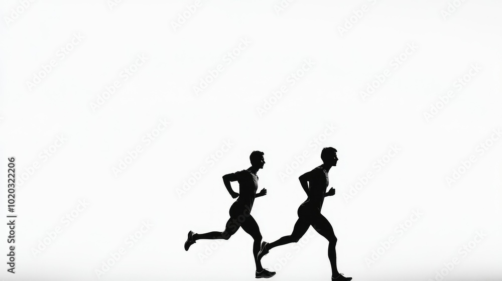 Runners in silhouette, captured mid-stride, side view in black and white, white background, wide-angle frame Runners in silhouette, captured mid-stride, side view in black and white, white background, wide-angle frame