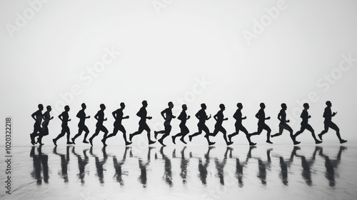 Running silhouettes against a white backdrop, side view of people racing, black and white photography, wide-angle