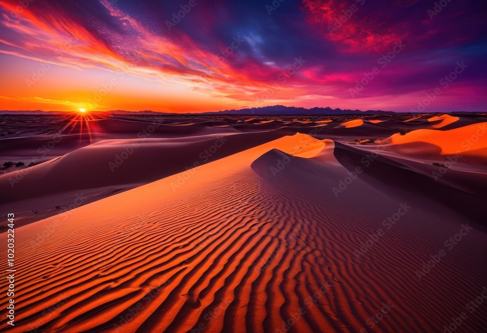 Naklejka premium stunning vivid sunset illuminating expansive dunes highlighting textured shadows captivating landscape image, sky, cloud, color, evening, horizon, sand