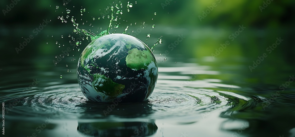 A globe of the Earth splashing into water with ripples forming. A globe of the Earth splashing into water with ripples forming.