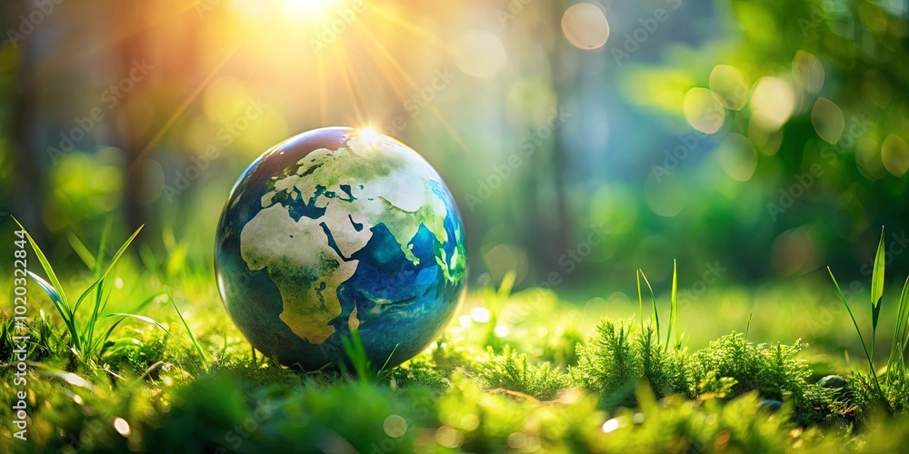 A globe resting on a bed of lush green grass, bathed in the warm glow of the rising sun, symbolizing the interconnectedness of nature and the importance of environmental conservation. A globe resting on a bed of lush green grass, bathed in the warm glow of the rising sun, symbolizing the interconnectedness of nature and the importance of environmental conservation.
