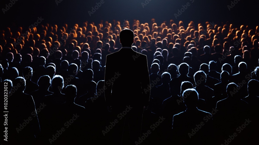 Fototapeta premium Silhouetted business leaders in front of a conceptual black background, large crowd in the foreground, focus on influence