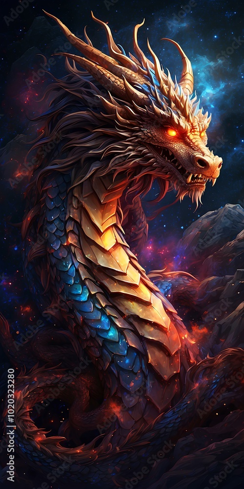 Obraz premium Majestic Chinese Dragon Gliding Through a Cosmic Galaxy - High-Quality Digital Illustration
