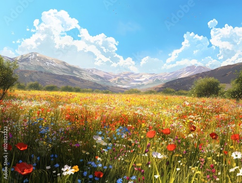 Vibrant Meadow Filled with Wildflowers Under Sunny Sky photo