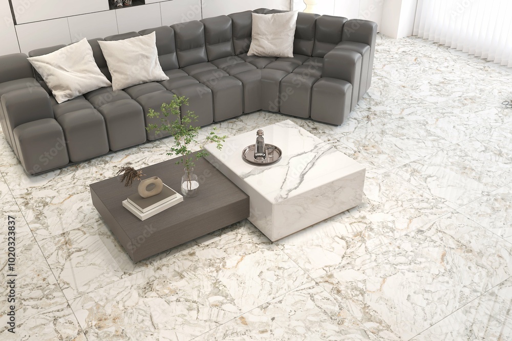 Fototapeta premium Bright living room interior with panoramic window with countryside view, grey large sofa, armchair, coffee table, lamp and glossy marble floor. Concept of minimalist design for chill. 3D Rendering