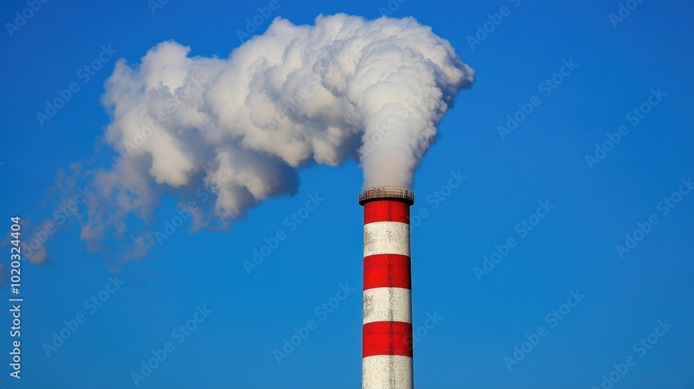 Smokestack spewing thick smoke, red and white-striped tower against a bright blue sky, pollution theme Smokestack spewing thick smoke, red and white-striped tower against a bright blue sky, pollution theme