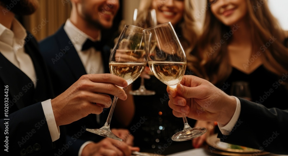 Elegant Celebration Toast with Champagne at Sophisticated Social Gathering Elegant Celebration Toast with Champagne at Sophisticated Social Gathering