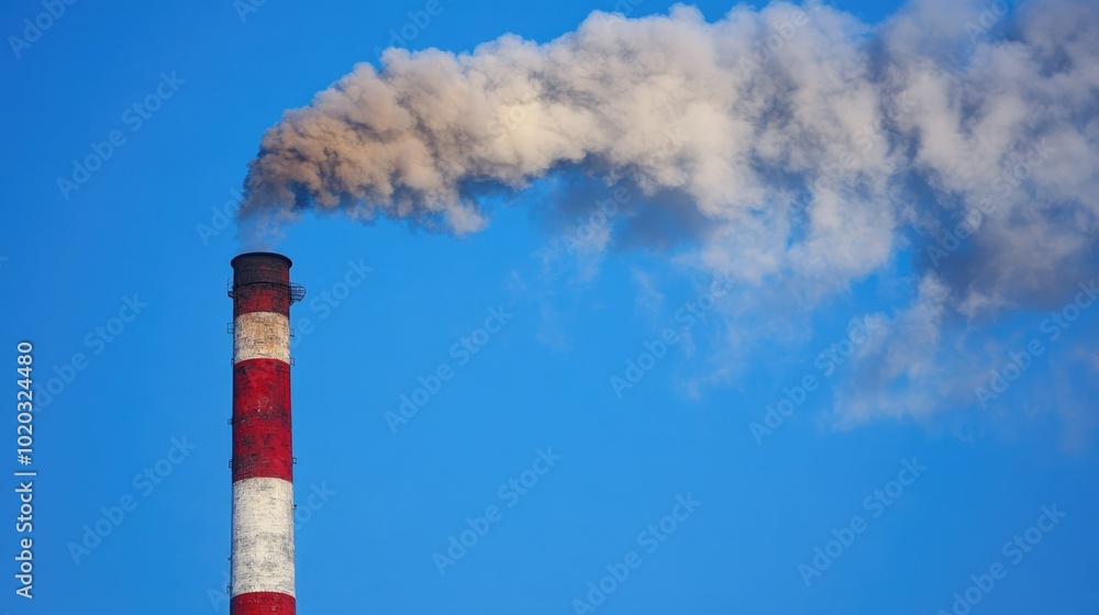 Smokestack with red and white bands, heavy smoke cloud expanding, blue sky background, concept of pollution Smokestack with red and white bands, heavy smoke cloud expanding, blue sky background, concept of pollution