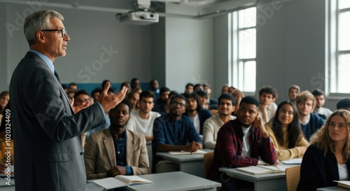 Experienced Professor Lecturing to Diverse Group of Students in Classroom