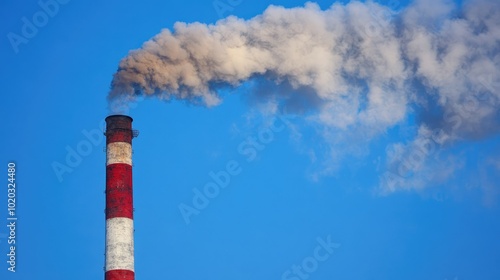 Smokestack with red and white bands, heavy smoke cloud expanding, blue sky background, concept of pollution