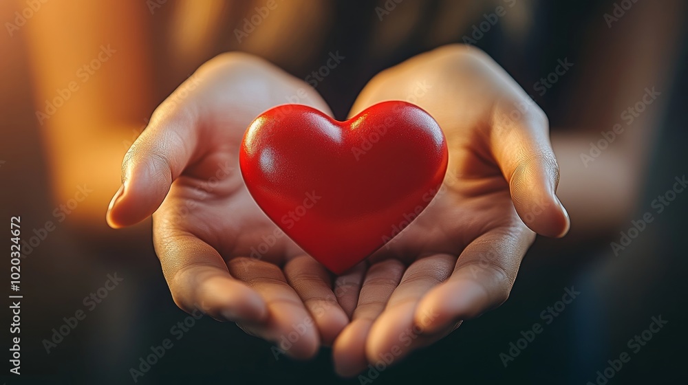 Obraz premium Giving Heart Womans Hands Offering a Red Heart Symbol of Love, Care, and Compassion