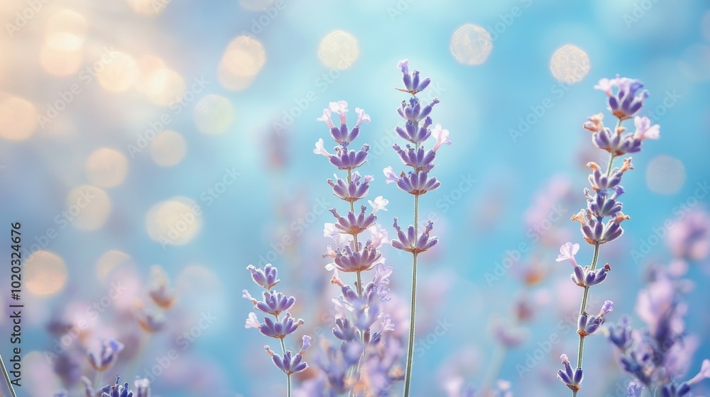 Soft blue backdrop with lavender and white flowers in the foreground, creating a gentle and calming floral composition. Soft blue backdrop with lavender and white flowers in the foreground, creating a gentle and calming floral composition.