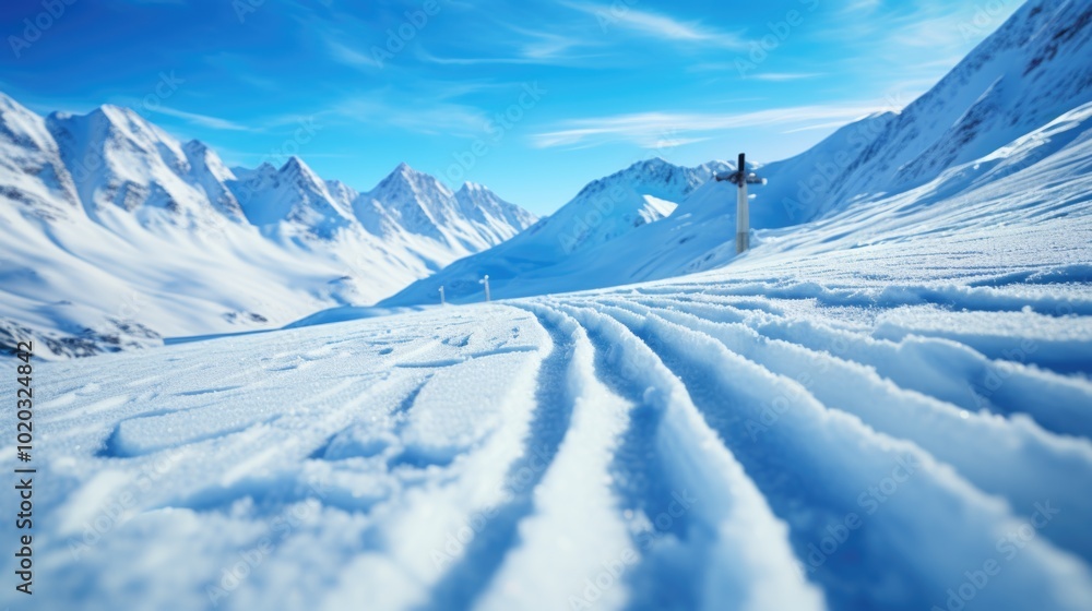 Serene Winter Landscape with Fresh Snow Tracks and Mountain Range Serene Winter Landscape with Fresh Snow Tracks and Mountain Range