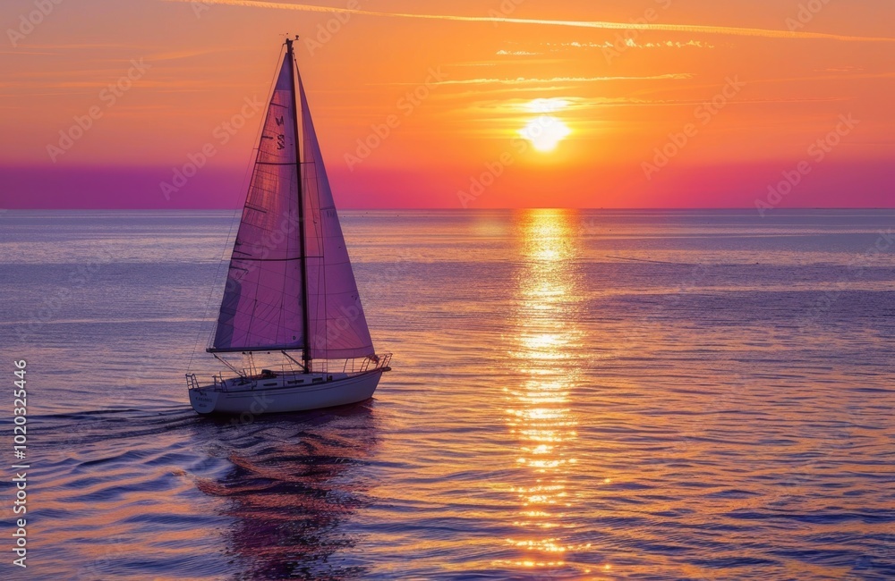 Serene Sunset Sailboat Journey on Calm Ocean Serene Sunset Sailboat Journey on Calm Ocean