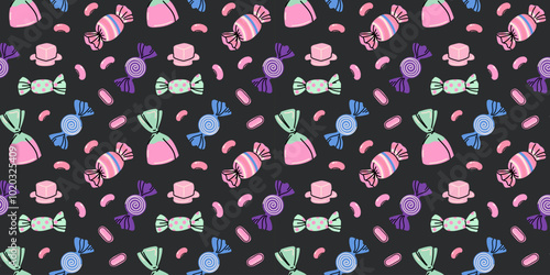 Sweets and candy seamless pattern. Chocolate, different lollipop, marmalade. Confectionery textile, wrapping paper, wallpaper design. Print christmas and birthday kids present cartoon flat background