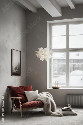 Cozy Scandinavian interior with a minimalist design. A comfortable red armchair, soft blanket, and candle-lit window create a warm atmosphere. Winter scene outside, elegant pendant lamp overhead.