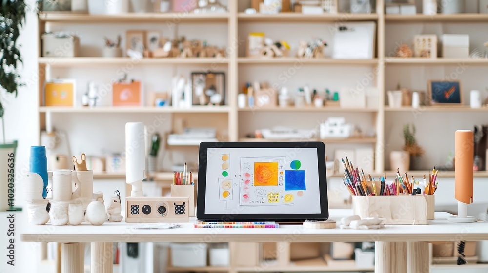 A creative studio featuring an artist surrounded by digital tools and gadgets. The focal point is a digital drawing tablet displaying vibrant artwork. Soft, diffused lighting highlights the textures A creative studio featuring an artist surrounded by digital tools and gadgets. The focal point is a digital drawing tablet displaying vibrant artwork. Soft, diffused lighting highlights the textures