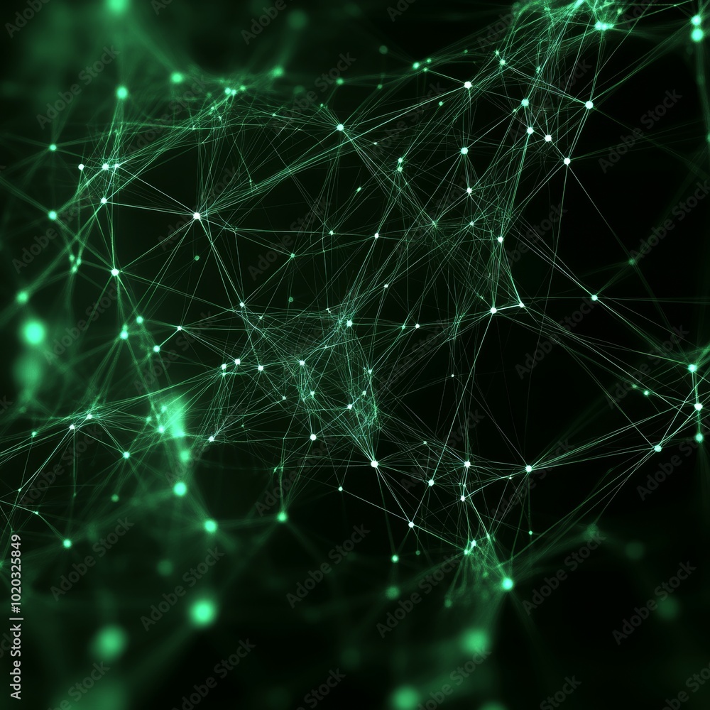 Network of Green Glowing Dots and Lines, Data Visualization, Cyberspace. Technology Background Network of Green Glowing Dots and Lines, Data Visualization, Cyberspace. Technology Background