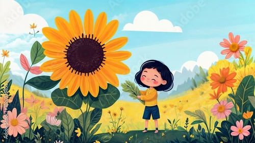 An illustrated scene with a cheerful child holding a sunflower in a colorful flower field. The bright and whimsical style makes it ideal for children's content or nature themes photo