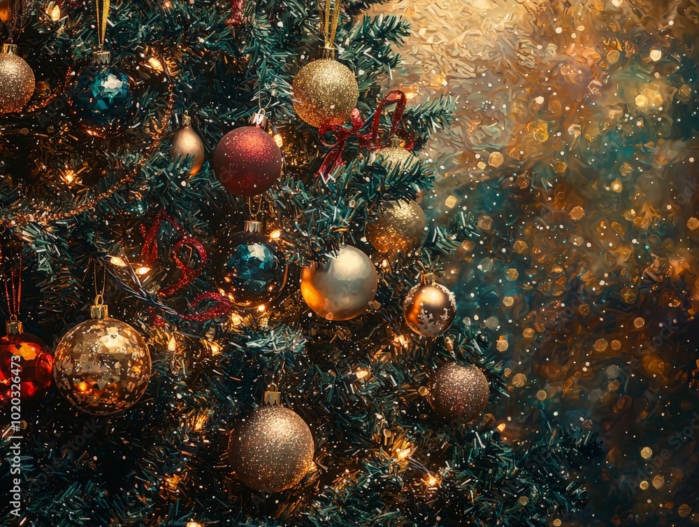 Glittering Ornaments and Tinsel on Christmas Tree Glittering Ornaments and Tinsel on Christmas Tree