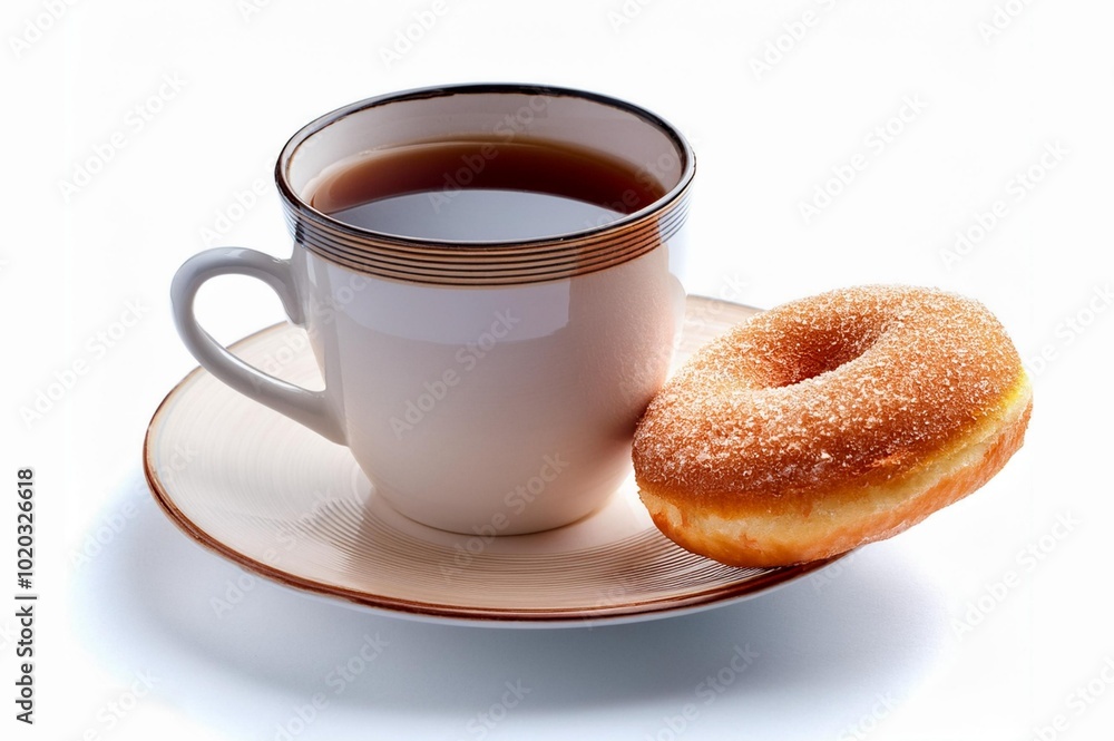 Black coffee on ceramic cup with a piece of donut isolated on white background Black coffee on ceramic cup with a piece of donut isolated on white background