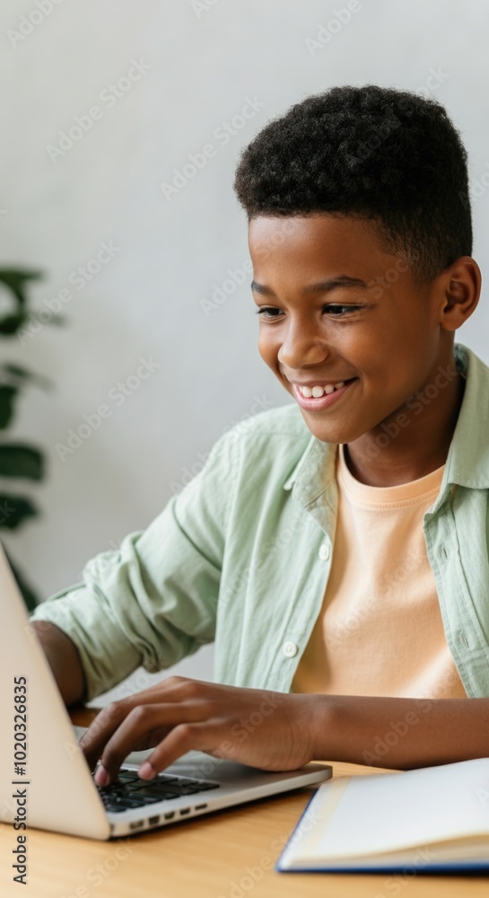 Smiling African American Boy Using Laptop at Home Smiling African American Boy Using Laptop at Home
