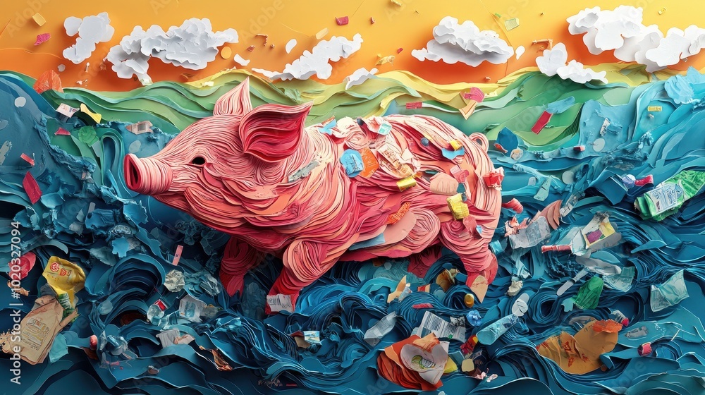 Fototapeta premium Pig foraging through trash Pig rummaging in garbage