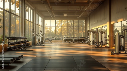 Bright and spacious gym with wall-to-wall windows, advanced workout stations, soft natural light flooding the room, polished floors and sleek equipment, minimalist decor, neutral colors,