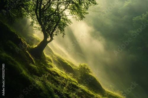 green hills roll gently under a misty sky, creating a peaceful and serene landscape that exudes calmness and tranquility amidst the fluffy white clouds overhead. 