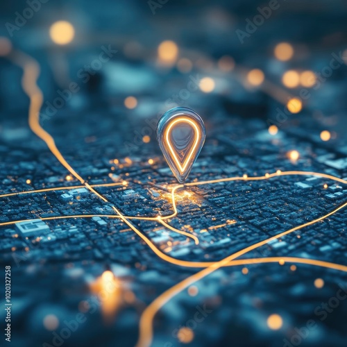 Digital map with location pin on a blurred urban background.