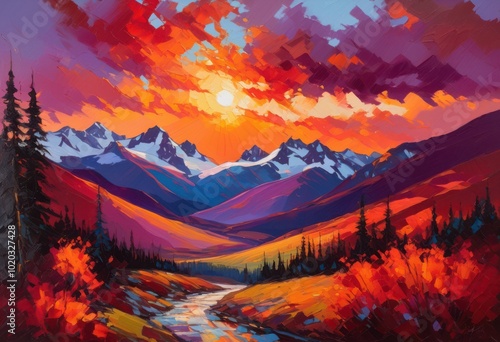 breathtaking vibrant sunset paints sky over serene mountain range dazzling colors majestic peaks, alpine, adventure, beautiful, brightness, cinematic photo