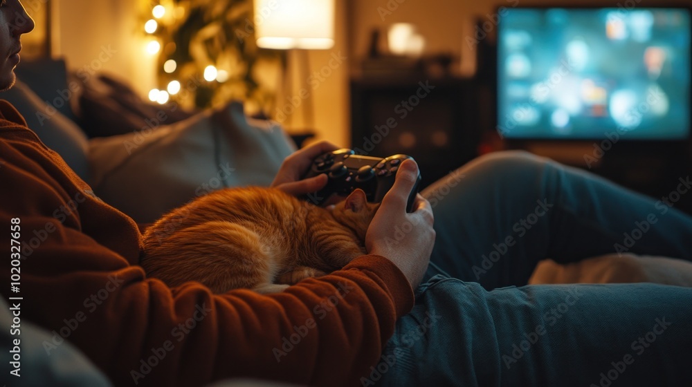 Man Playing Video Games with Cat on Lap Man Playing Video Games with Cat on Lap