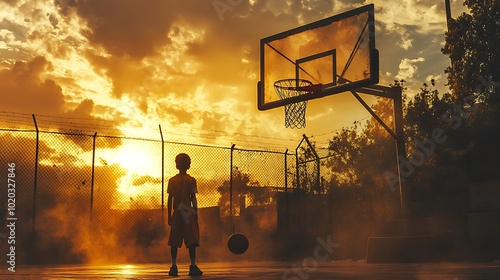 Silhouette of a basketball player standing on a court at sunset photo