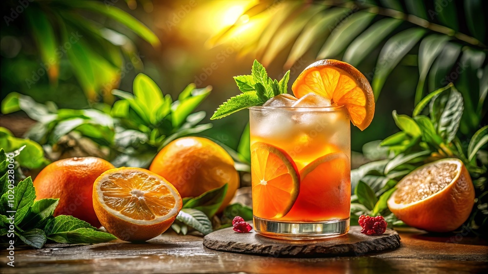 A refreshing citrus cocktail with ice, mint, and citrus slices, served in a tall glass on a wooden table surrounded by lush greenery. A refreshing citrus cocktail with ice, mint, and citrus slices, served in a tall glass on a wooden table surrounded by lush greenery.